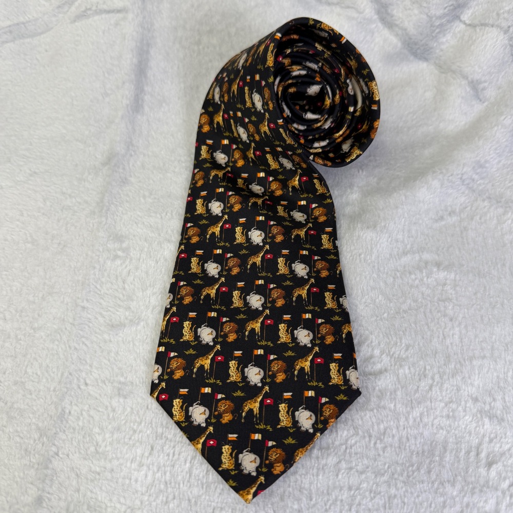 Salvatore Ferragamo Silk Tie Mens OS Black Safari Animal Golf Flag Print Italy